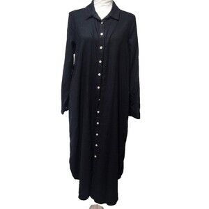 Black Button Shirt Dress Small Womens Midi Linen Blend Long Sleeve Pockets